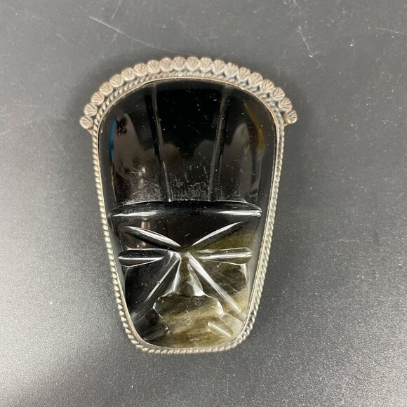 Vintage Large Black Onyx Carved Face Mayan God Mask Sterling Silver Brooch Pin - Picture 1 of 9